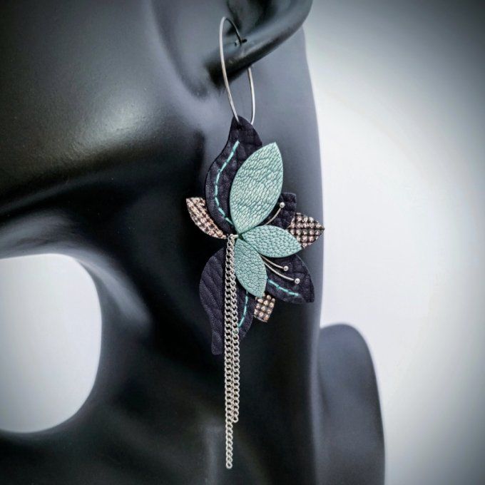 Boucles d’oreilles Amaryllis – Cuir brun/turquoise ou violet/turquoise