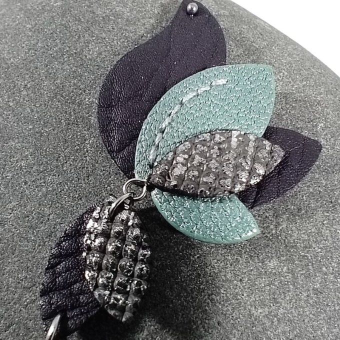 Boucle d'oreille gauche du modèle Écho de cuir, Mirage. Zoom sur le cuir violet, turquoise et argent