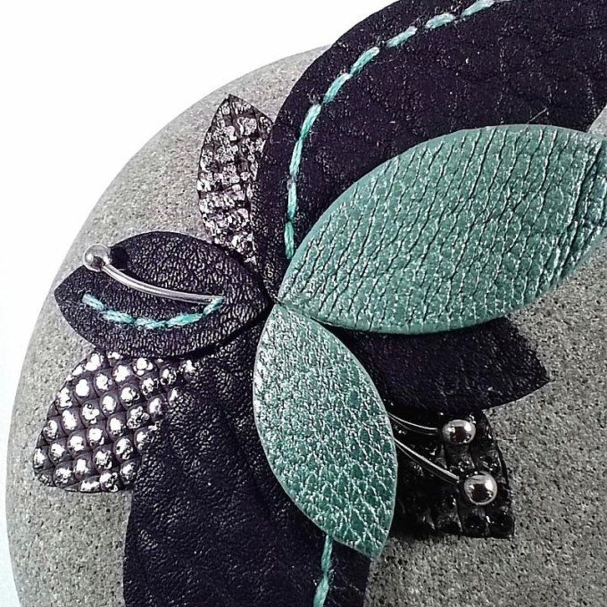Boucle d'oreille Lys - Mirage, zoom sur les coutures du cuir violet et turquoise