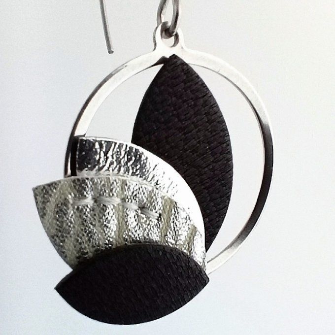 Zoom sur une boucle d'oreilles, détail du cuir argenté et des coutures