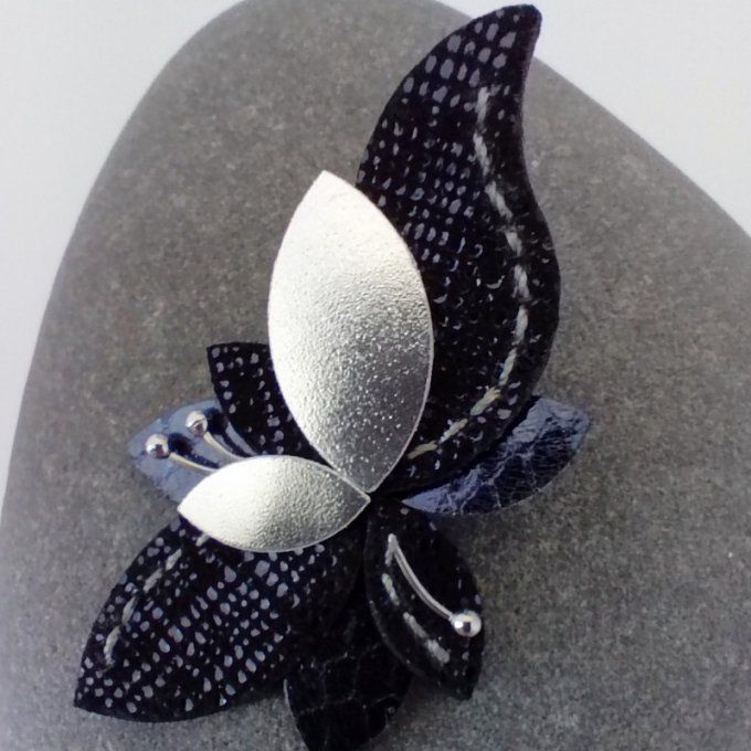 zoom sur une boucle d'oreille Lys. Cuir bleu marine texturé, bleu brillant effet reptile et argent.