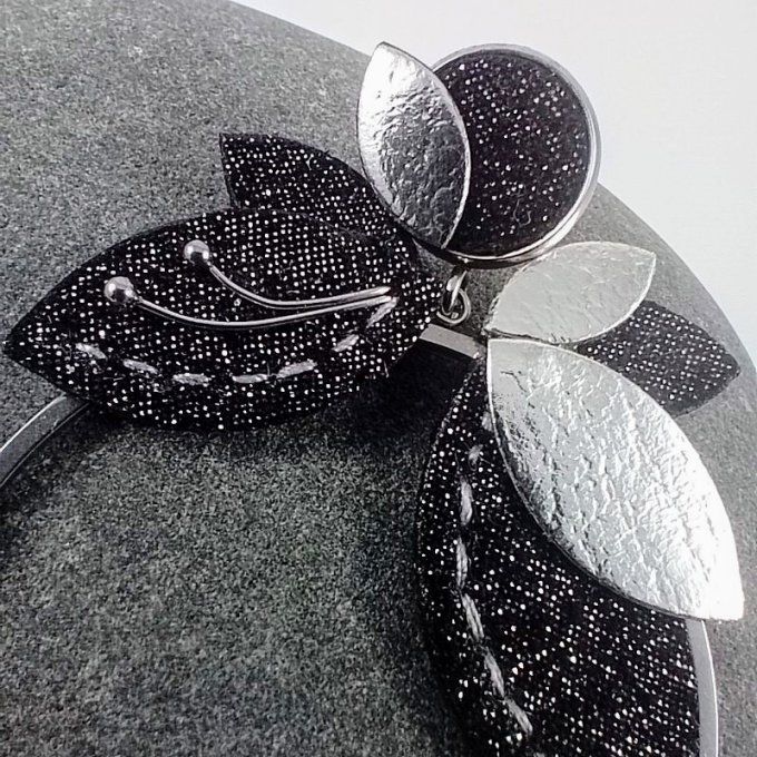 Gros plan sur la boucle d'oreille Orphée Galaxie : cuir noir pailleté et argent brillant découpé en 