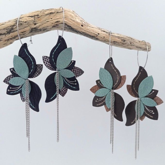 Boucles d’oreilles Amaryllis en cuir – coloris Mirage (violet/turquoise) et Brun Azuré (marron/turqu