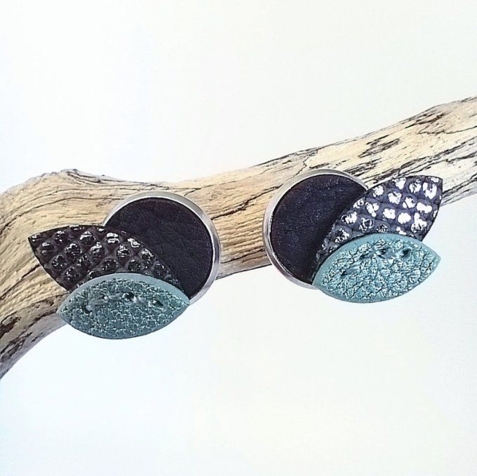 Boucles d'oreilles Pétales de lune, Mirage, cuir violet, turquoise et argenté cousu main