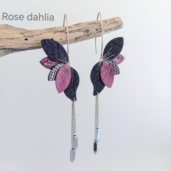 Boucles d’oreilles Lyria en cuir violet, rose brillant et argent vieilli, création artisanale