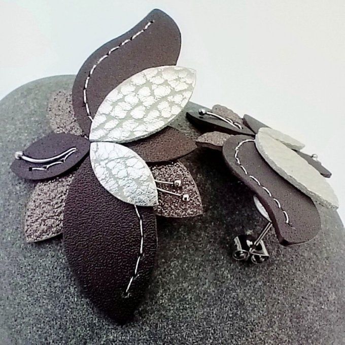 Détails coutures et système d'attache en inox argenté des boucles d'oreilles Lys - Ombre givrée.