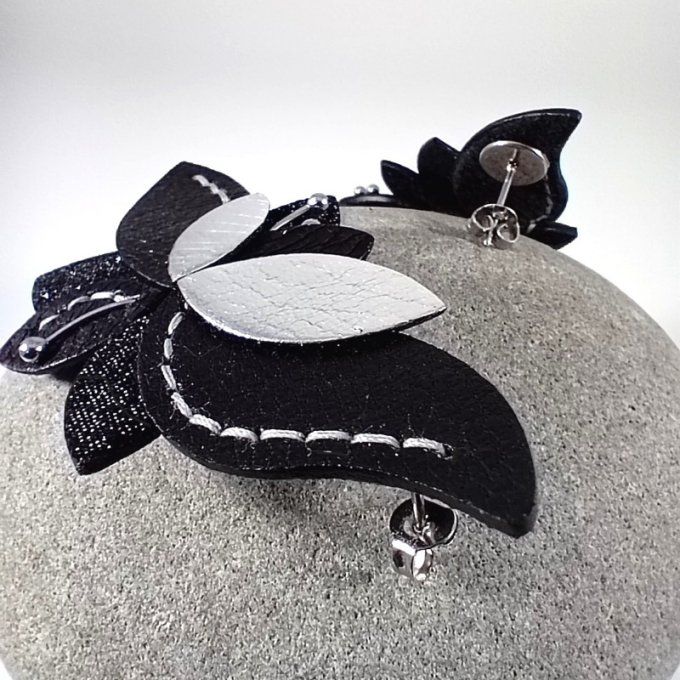 Vue sur détails couture et attache en inox argenté des boucles d'oreilles Lys.