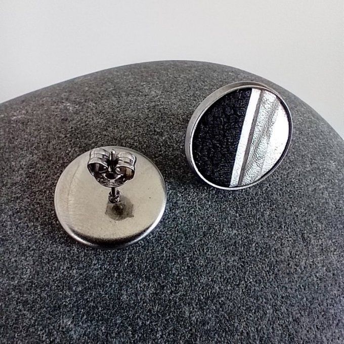 Détail des attaches en acier inoxydable argenté des boucles Orbe – Éclipse, bijou cuir noir et argen