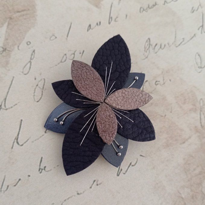 Broche Luna Bloom Nébuleuse en cuir violet et sable pailleté, posée sur un fond poétique à écritures