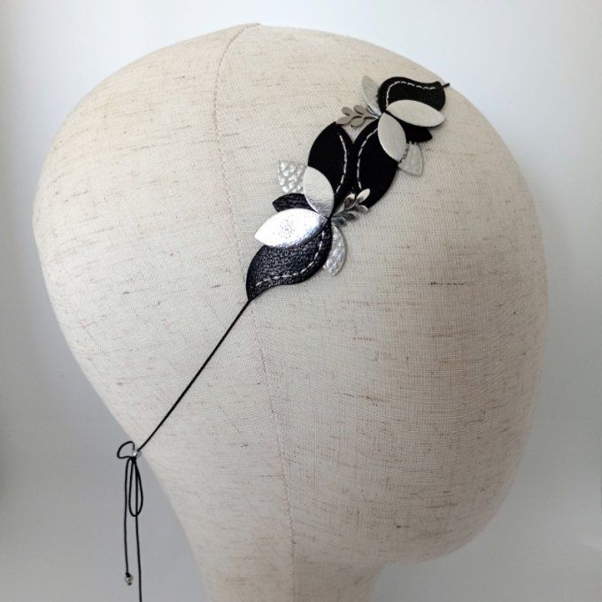 Headband en cuir Aubade Éclipse noir et argent - bijou de tête mariage ou soirée - création artisana