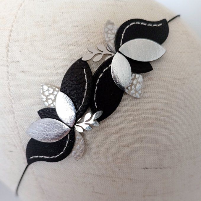 Headband Aubade Éclipse en cuir noir et argent - motif feuilles cousues main - accessoire cheveux ch