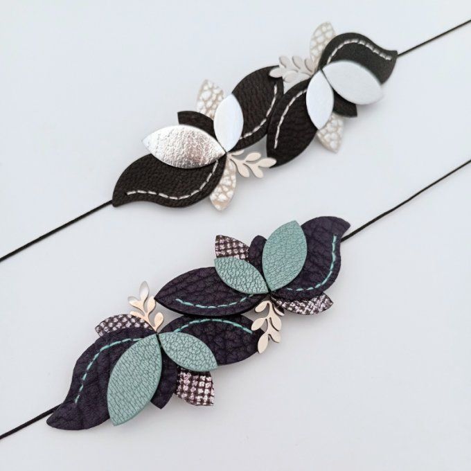 Headbands en cuir Aubade - Mirage violet turquoise et Éclipse noir argent - bijou de tête fait main